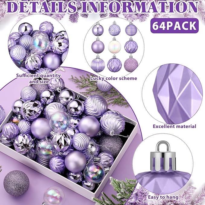 64 Pcs Lilac Purple Christmas Ball Ornaments Lavender Purple Christmas Ornaments Shatterproof Xmas Tree Decorations Set 1.6/1.97/2.4 Inch Light Pastel Purple Christmas Decor for Tree Home