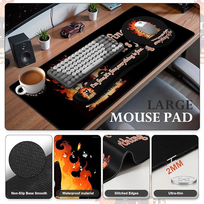 iCasso Black Desk Mat Set,Ergonomic Wrist Pad for Mouse,Funny Cat Dumpster Fire Desk Accessories, Anime Computer Mat, Non-Slip Large Desktop Cover Protector for Office Home Dorm