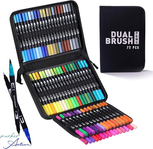 Dual Markers Brush Pens, 72 Colors Art Marker Set with Brush and Fine Tips – Premium Art Supplies for Kids & Adults, Perfect for Coloring Books, Hand Lettering, Calligraphy, and Drawing