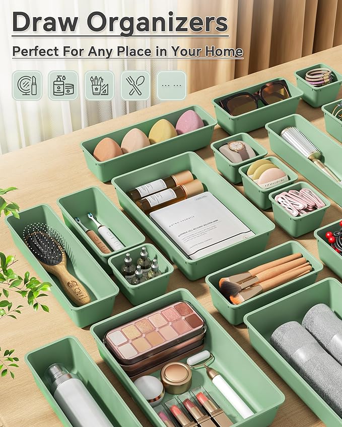 25 PCS Plastic Drawer Organizers Set, 4 Sizes Vanity Organizer, Makeup and Desk Drawer Organizer Trays, Organization and Storage for Makeup, Bathroom, Kitchen Utensils and Office (Green)