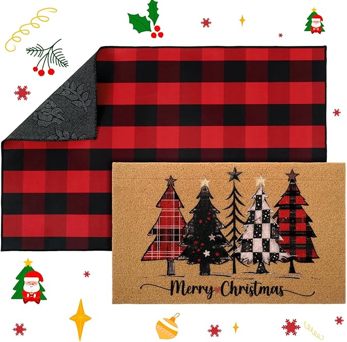 2 Pcs Christmas Front Porch Rug Buffalo Plaid Christmas Front Door Mats Imitation Coco Coir Xmas Welcome Layering Rugs for Outdoor Home Winter Festival Holiday Farmhouse Decor, 28 x 43 Inch