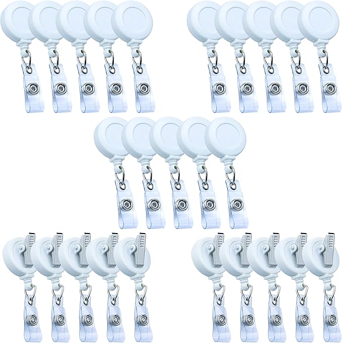 25 Pack Retractable Badge Reels with Clip, Retractable Id Badge Clip with Clear Vinyl Strap & Alligator Swivel, No Twist Dispenser (White)