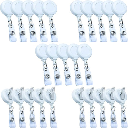25 Pack Retractable Badge Reels with Clip, Retractable Id Badge Clip with Clear Vinyl Strap & Alligator Swivel, No Twist Dispenser (White)