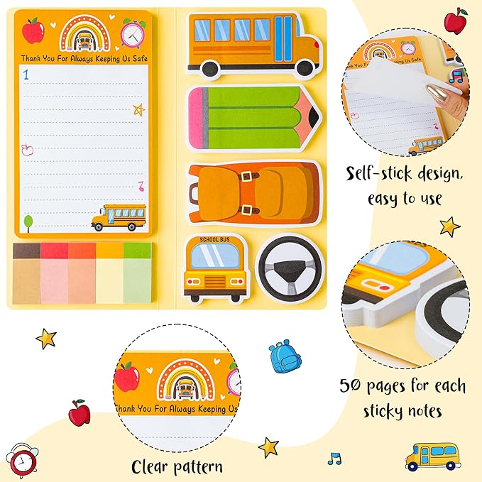 Xqumoi Best Bus Driver Sticky Notes Set - School Bus Pencil Shaped Self-Stick Note Pads Teacher Appreciation Thank You Gift Writing Memo Pad Page Marker Back to School Office Party Favors Supplies