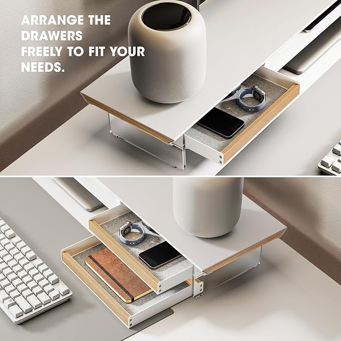 Fenge Acrylic Monitor Stand, 2 Tier Dual Monitor Riser with Solid Wood Drawers, 42.5 Inch Computer Stand for Two 27 Inch Monitors, Desk Shelf for PC, Laptop, Printer, TV, White