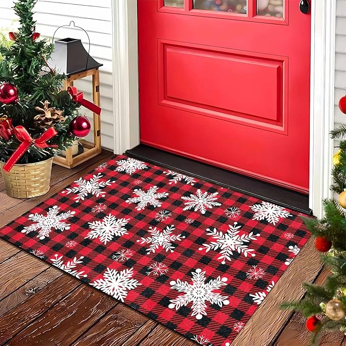 Merry Christmas Snowflakes Red Plaid Door Mat, Christmas Buffalo Plaid Doormat with Non-Slip Backing Front Porch Rug Welcome Mats for Home Indoor Outdoor, 18" x 30"Inch