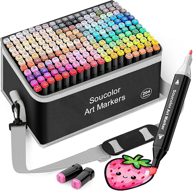 Soucolor Alcohol Markers 204 Colors with Case & Holders, Dual Tips Chisel & Fine Art Markers for Adult Coloring Kids Drawing, Artist Markers Art Supplies for Blending Sketching