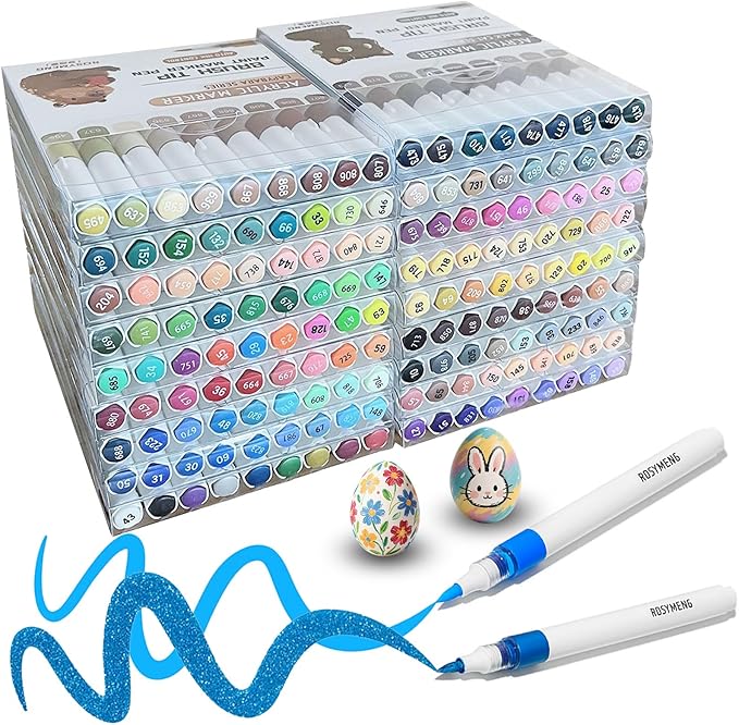 ROSYMENG Acrylic Paint Markers, 154 Colors + 8 Metal Colors - Large Ink Capacity, High Coverage with Brush Tip Acrylic Paint Pens, Suitable for Wood, Glass, Rock, and Fabric - Student School Supplies