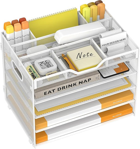 5 Tier Paper Letter Tray with 3 Drop-in Pen Holders, Mesh Desk File Organizer with Handle, Desk Organizers and Accessories for School,Home, Office Supplies Storage-White