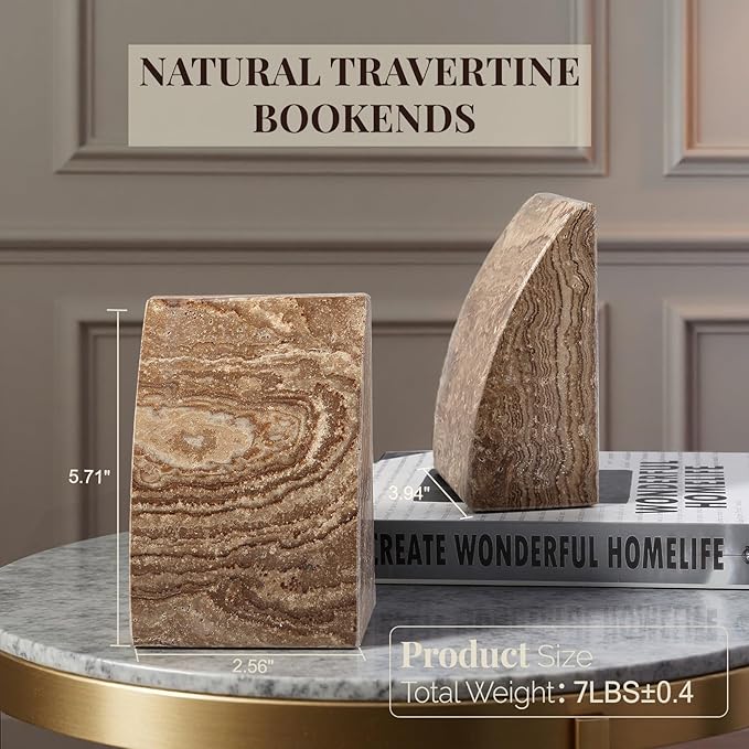 Koville Travertine Bookends for Shelves, Large Stone Bookends for Heavy Books, Non-Slip Heavy Duty Book Stopper for CD/Movies, Aesthetic Decorative Book Ends for Bookshelf Table Home Decor(Brown)