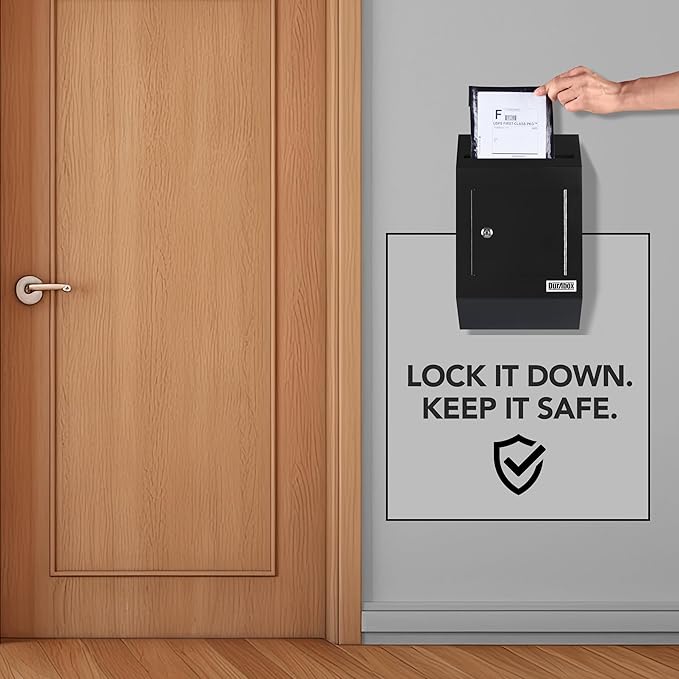 Drop Box Deposit Safe 10 x 4 x 16” Heavy Duty Steel with Slim Profile Wall Mailbox with Wide Deposit Slot for Letters, Documents Checks and Cash for Home, Office & Commercial (W300) (Black)