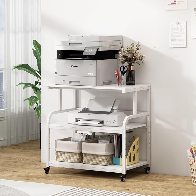 Printer Stand, 32.3" x 18.9" x 32.1" Extra Large Printer Table with Adjustable Storage Shelf, 3 Tier Rolling Printer Cart with Industrial Wheels for Home Office, White
