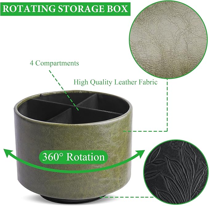 Hennaja Round Leather Art Supply Organizer,Remote Control Holder,360 Degree Spinning,Multi-Functional Pencil Holder,4 Compartments Desktop Stationary Organizer(1-Oil Green)
