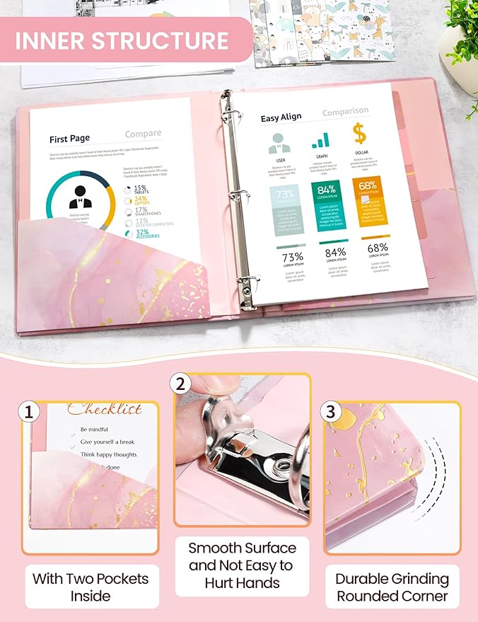SUNEE 3 Ring Binder 1 Inch Cute Binder with 2 Pockets, Decorative Pink Marble Three Ring Heavy Duty (Fit 8.5x11 Inches) for School Supplies, Office Supplies
