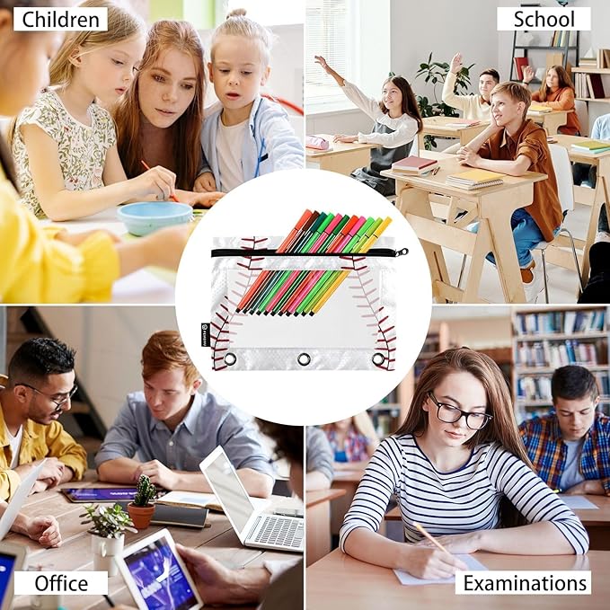 ALAZA Pencil Pouch for 3 Ring Binder, Baseball Themed Red Lace Binder Pencil Pouches with Clear Window Zipper Pencil Case Cosmetic Bags for Office College Supplies, 2PCS