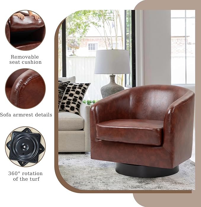 UIXE Faux Leather Swivel Accent Chair with Wood Base, Modern Upholstered Barrel Chairs for Living Room, Comfy Round Armchair Single Sofa Bedroom Reading Seat - 31" W, Red Brown
