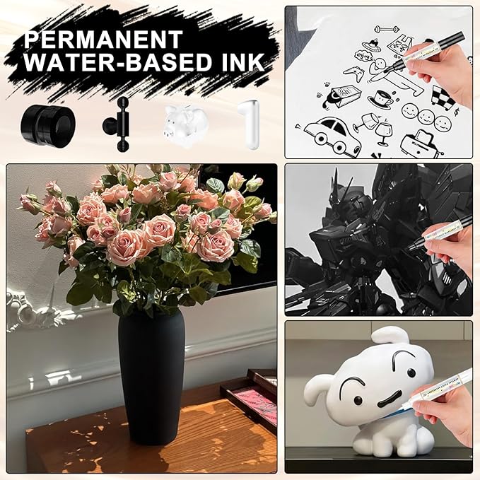 Paint Markers Paint Pens - 2 Pack Dual Tip Acrylic Permanent Marker (0.7mm & 3mm), Non-Toxic, Water-Based for Art Painting, Stone, Ceramic, Glass, Wood, Fabric, Metal, DIY Crafts (Black/White)