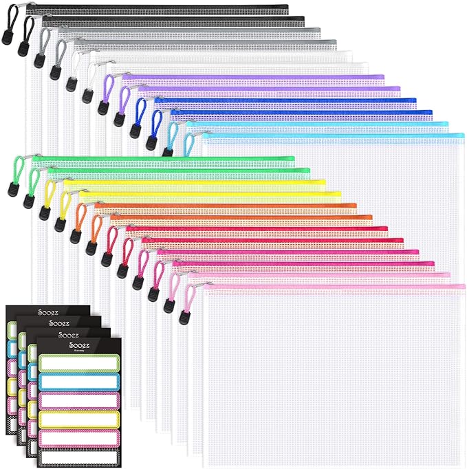 Sooez 24 Pack Mesh Zipper Pouch with Sticky Labels, A4 Mesh Bags for Board Game Puzzles Organization Storage, Durable Letter Size File Folders Organizer for Teacher School Classroom Office Supplies