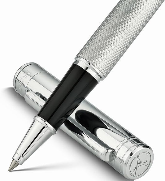 Silver Rollerball Pen, Stunning Luxury Pen with Mesh Texture Design, Bright Silver Chrome Finish, Schmidt refill, Nice Gift Set for Men & Women, Executive, Office, Graduation, Fancy Pens