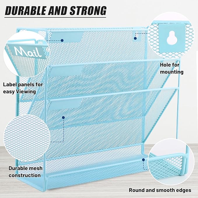 EASEPRES Desk File Organizer Mesh 4-Tier, Hanging Wall Mount Document Organization Stand, Desktop Vertical Mail Paper Folder Holder Rack with Bottom Tray for Office Home Cubicle Countertop, Blue