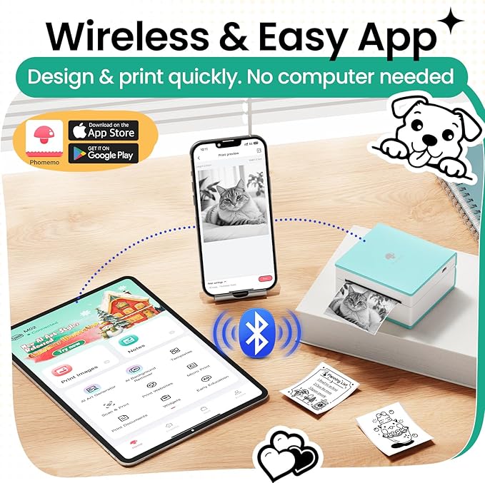 Phomemo Mini Sticker Printer- Mini Printer Sticker Maker Machine M02, Print Pods Suitable for Student Name Label, Study Notes, Creative DIY, Diaries, Portable Thermal Printer for School/Home/Office