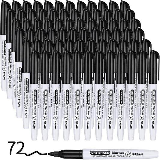 SFAIH Fine Tip Dry Erase Markers - 72 Pack Black Whiteboard Erasable Markers Bulk for Kids Adults, Ideal for Classroom School Office Home Use on White Board, Non-Toxic Easy Clean