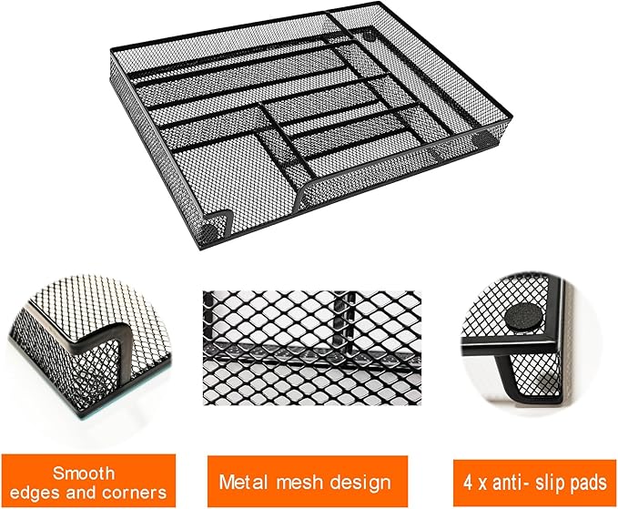 Desk Drawer Organizer Tray, 6 Departments Metal Mesh Desktop Organization for Pens, Office Supplies Organizer for Desktop Drawers, 12.6 x 8.27 x 1.57 Inches, Black