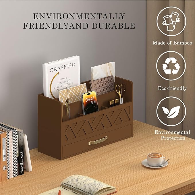 Bamboo Mail Organizer Countertop Wood Desk Organizer Drawer Tabletop Storage Box Letter Sorter Makeup Organizer for School Home Office Supplies Brown