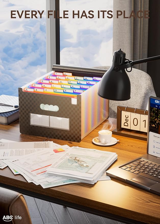 ABC life 26 Pockets Accordion File Organizer, Expanding File Folders, Portable Monthly Bill Receipt Organizer with Colorful A-Z Tabs, Desktop Folders Letter A4 Paper Document Storage for Home Office