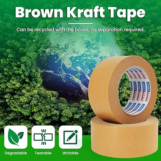 ADHES Kraft Paper Tape, 2 Inch x 44 Yards, 6 Rolls Writable & Uncoated Heavy Duty Paper Tape, Biodegradable Brown Packing Tape for Sealing, Packaging & Moving
