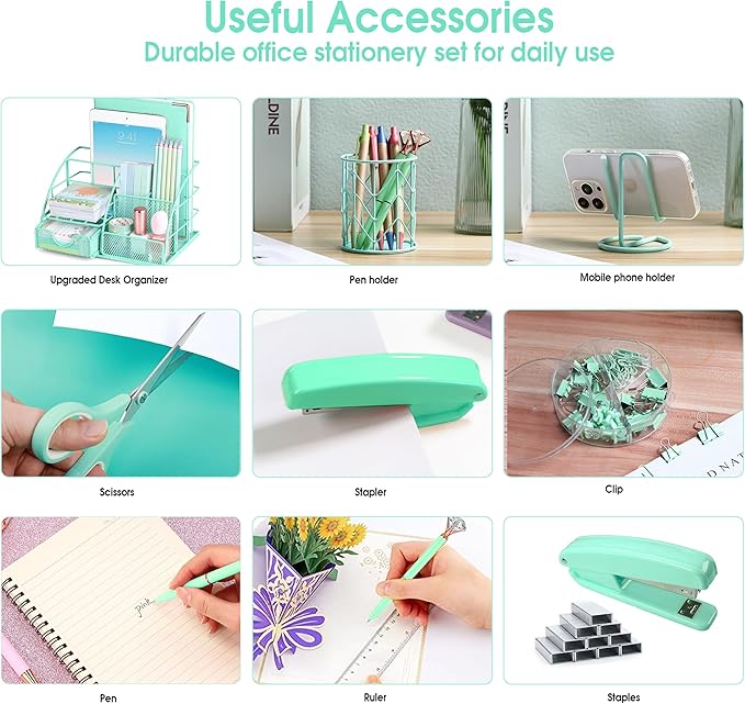 Green Desk Organizers and Accessories Office Supplies Set Stapler, Pen Holder, Phone Holder, Scissors, Pen, Ruler, 30 Paper Clips, 22 Binder Clip, 20 Tacks and 1000pcs Staples