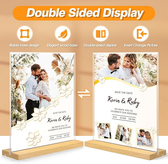 8.5 x 11 Acrylic Sign Holder with Wood Base - Tabletop Display Menu Stand - Clear Plastic L/T Shape Vertical or Slant Back Paper Holders - 3 Pack