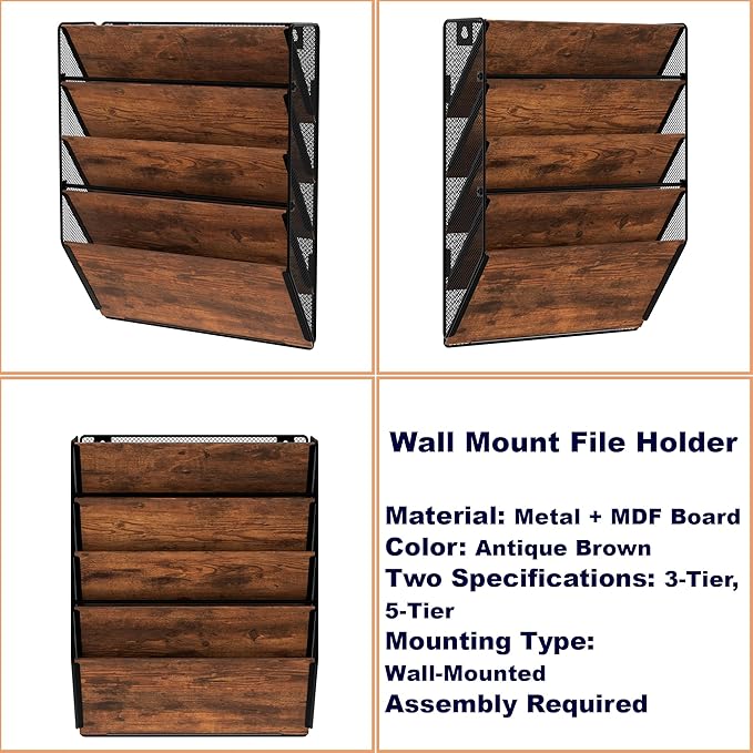 Metal Wall File Holder Organizer, 5-Tier Mesh Hanging Wall File Organizer, Magazine Rack With Pockets, Wood Document Holder for Office Home, Brown