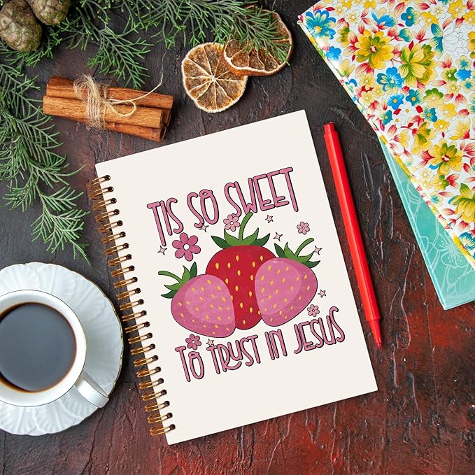 JXREQ Pink Strawberry Christian Bible Journal Notebook, Prayer Journal for Women, Scripture Journal, Church Notes Notebooks, Tis So Sweet to Trust Jesus 5.5x8.3