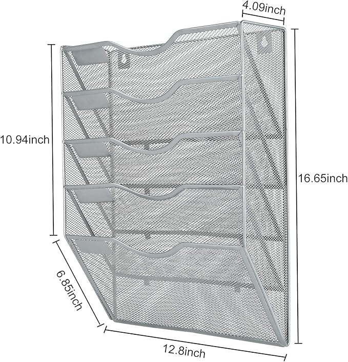 PAG Hanging Wall File Holder Mail Organizer Wall Mount Document Letter Rack, 5-Tier, Silver