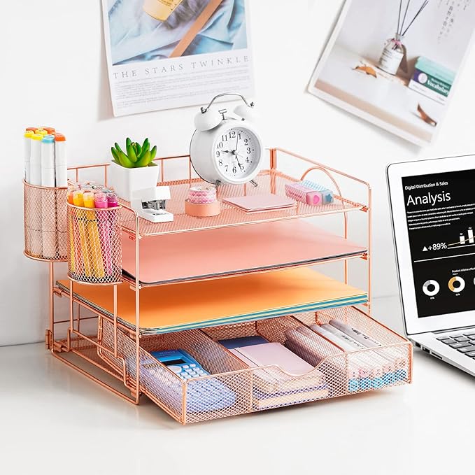 Lavatino 4-Tier Desk Paper Letter Tray Organizer for Desk Accessories & Workspace Organizers with Drawer and 2 Pen Holder for Home, School, Office Supplies Storage (Rose Gold)