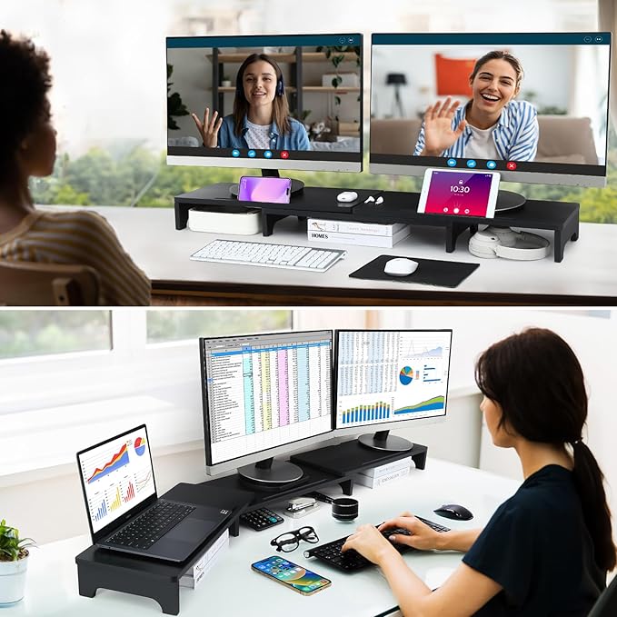 Nnewvante Monitor Stand Riser, 60 inch Large Bamboo Dual Monitor Stand for Desk, 3 Shelves Desktop Screen Riser with Adjustable Length Angle for Computer Laptop PC,Black