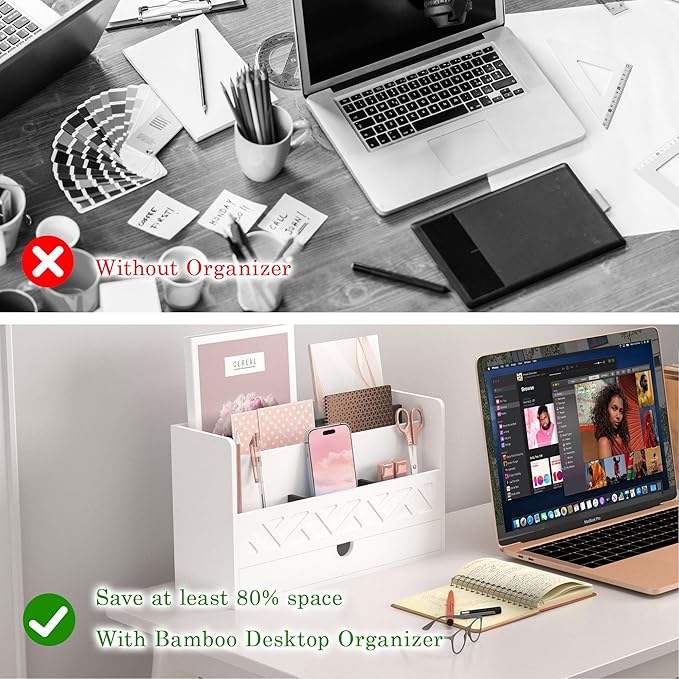 Wisuce Bamboo Mail Organizer Countertop Desktop with Drawer - Desk File Organizer for Office Supplies All-in-One Desk File Drawer with Pencil Holder for Paper Letter Envelope Bill