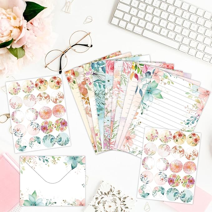 160 Packs Stationery Paper and Envelopes Set 10 Different Designs, 50 One Sided Stationery Writing Papers with 50 Matching Envelopes and 60 Round Dot Sticker, 5.5 x 8.25 Inch (Flower)