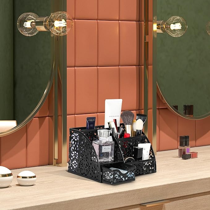 EasyPAG Pen Holder Desk Organizer with Drawer Pencil Cup for Desk 6 Compartments Metal Office Caddy Storage with Sticky Notes Holder for School Home Office, Black