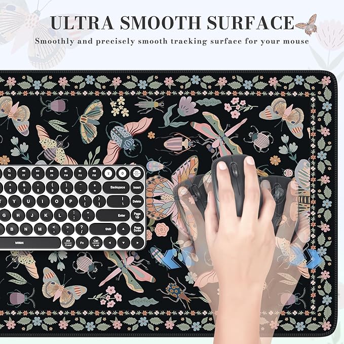 iCasso Black Large Mouse Pad, Desk Matt for Desktop, XXL Desk Mat for Keyboard and Mouse, Anti-Slip Big Mousepad Computer Mat with Stitched Edges(Insects)