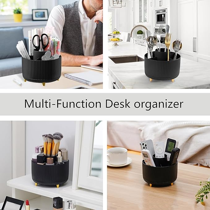 Office Desk Accessories, Black Office Supplies 360°Pen Holder Desk Organizers And Accessories with Tape Dispenser, Stapler, Staple Remover, 1000 Staples, Tape, Clips Set, Ruler, Scissor, Pen