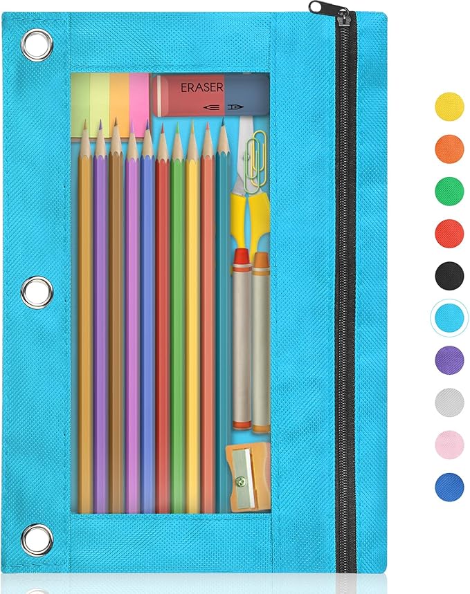 Shemira Pencil Pouch for 3 Ring Binder, Binder Pencil Pouch with Smooth Zipper, Clear Window Pencil Case for Binder, Zipper Pencil Pouches, Big Capacity 3 Ring Binder Pencil Bag, Blue