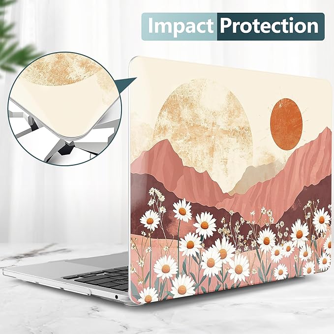 TWOLSKOO Compatible with MacBook Pro 13 inch Case 2023-2016 A2338 M2/M1 A2251 A2289 A2159 A1989 A1706, Plastic Hard Shell Cover & Keyboard Skin & Screen Protector, Mountains & Daisies