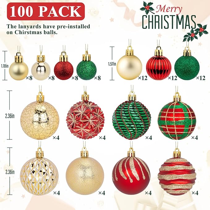 100ct Christmas Ball Ornaments Set, Red Green and Gold Shatterproof Hand-Painted Hanging Baubles Decoration Bulk for Xmas Tree, Wreath, Garland, Home Holiday Decor