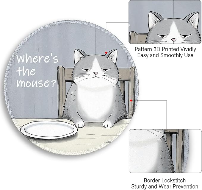 Funny Cat Mouse Pad, Grey Small Round Mouse Pads for Desk, Mini Travel Mousepad for Wireless Computer Laptop, Office Desk Accessories, Where's The Mouse, 8.6 x 8.6 inch