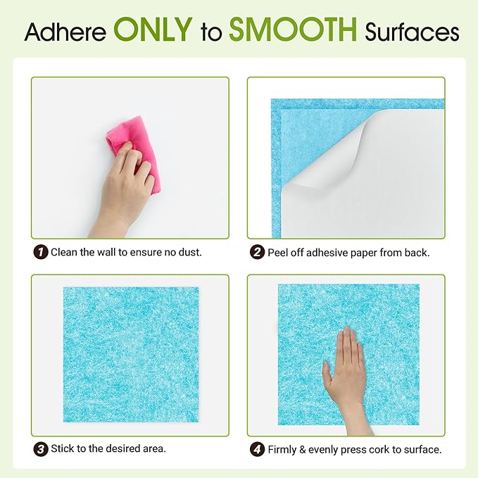 AKTOP Cork Bulletin Board 12x12, 1/2" Thick Felt Cork Board Tiles 6 Pack, Small Square Pin Board for Wall, Self Adhesive Corkboards with 60 Push Pin Wood Clips for School, Home & Office, Baby Blue