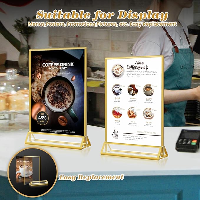 Gold Acrylic Sign Holder 4x6, 16 Pack Wedding Gold Frame Table Number Holders Vertical, Clear Picture Frames Flyer Stands Tables Menu Holder, Double Photo Paper Display Holder for Party, Home, Office