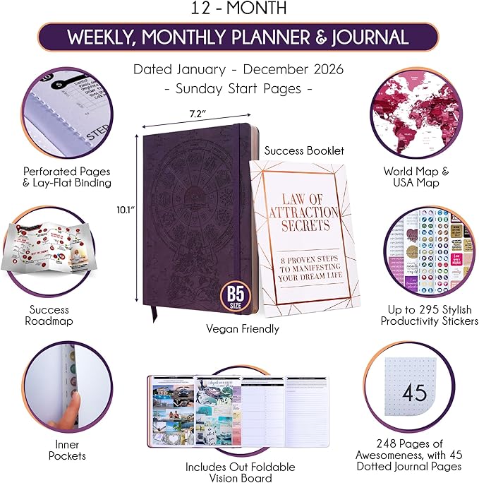 2026 Planner Weekly and Monthly | Law of Attraction Planner with Panduo App | A 12 Month Journey for Productivity, Gratitude & Goal Setting | Includes Foldable Vision Board, Gift Box & Stickers