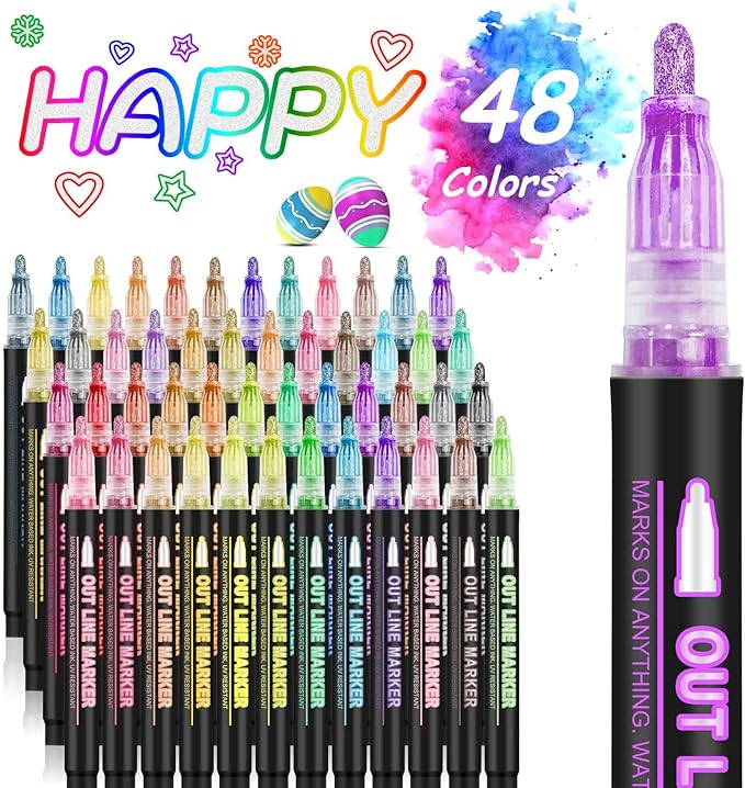 Double Line Outline Markers, 48Colors Super Squiggles Shimmer Outline Marker Pen Set, Self Outline Metallic Markers Glitter Writing Drawing Pens for Birthday Greeting Card, Doodling, DIY Art Crafts